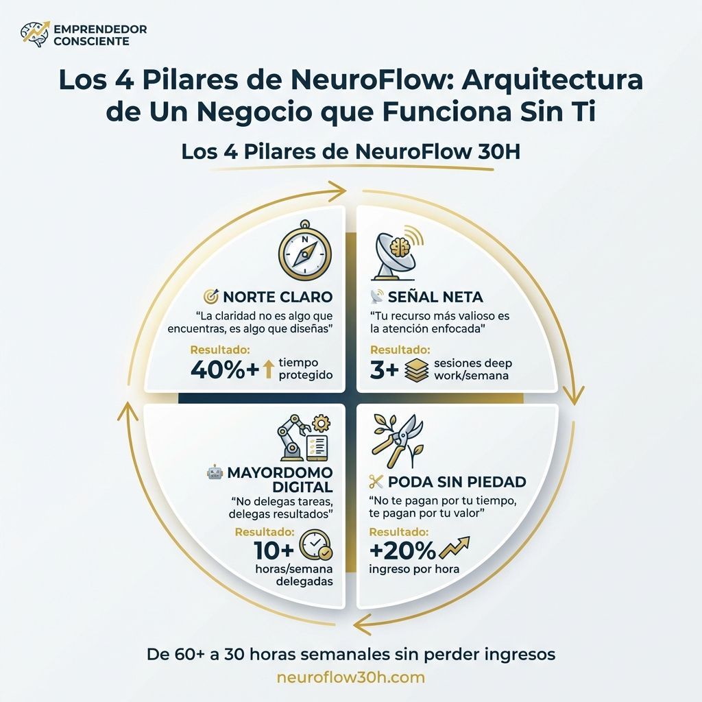 Infografía: Los 4 Pilares de NeuroFlow: Arquitectura de Un Negocio que Funciona Sin Ti