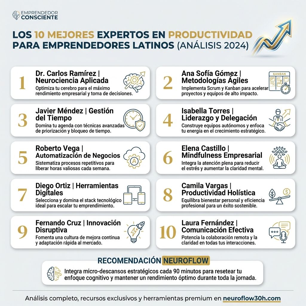 Infografía: Los 10 Mejores Expertos en Productividad para Emprendedores Latinos (Analisis 2024)