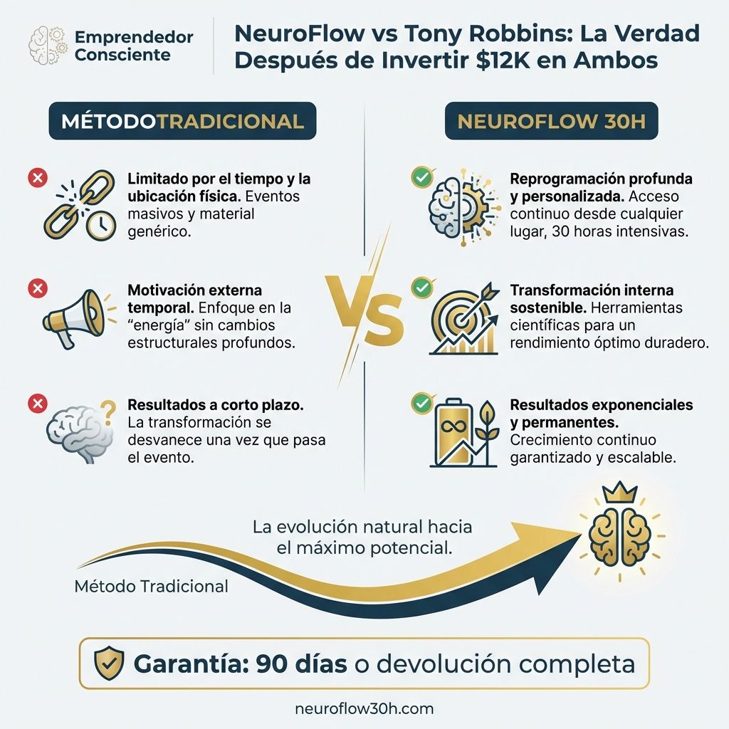 Infografía: NeuroFlow vs Tony Robbins: La Verdad Después de Invertir $12K en Ambos