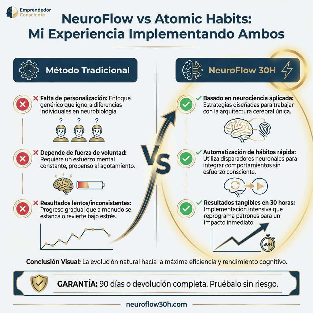 Infografía: NeuroFlow vs Atomic Habits: Mi Experiencia Implementando Ambos