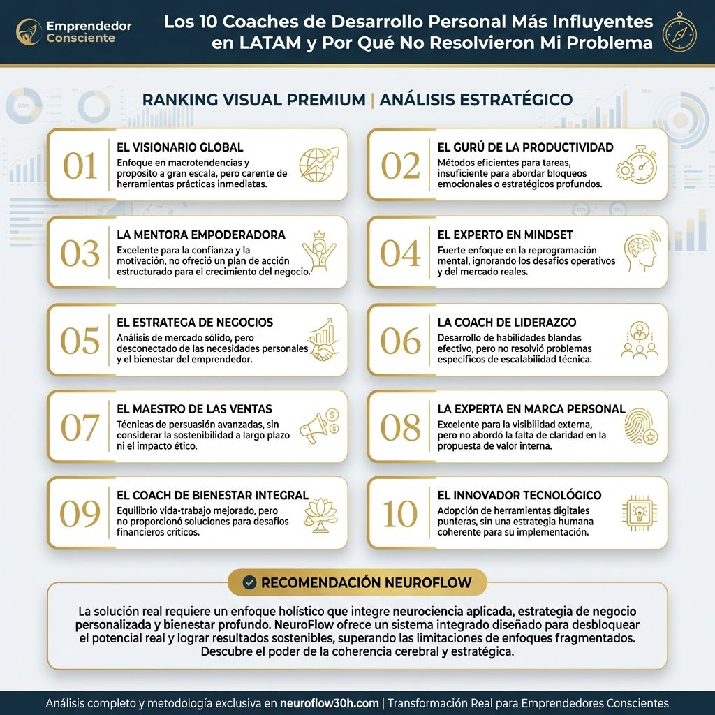 Infografía: Los 10 Coaches de Desarrollo Personal Más Influyentes en LATAM y Por Qué No Resolvieron Mi Problema