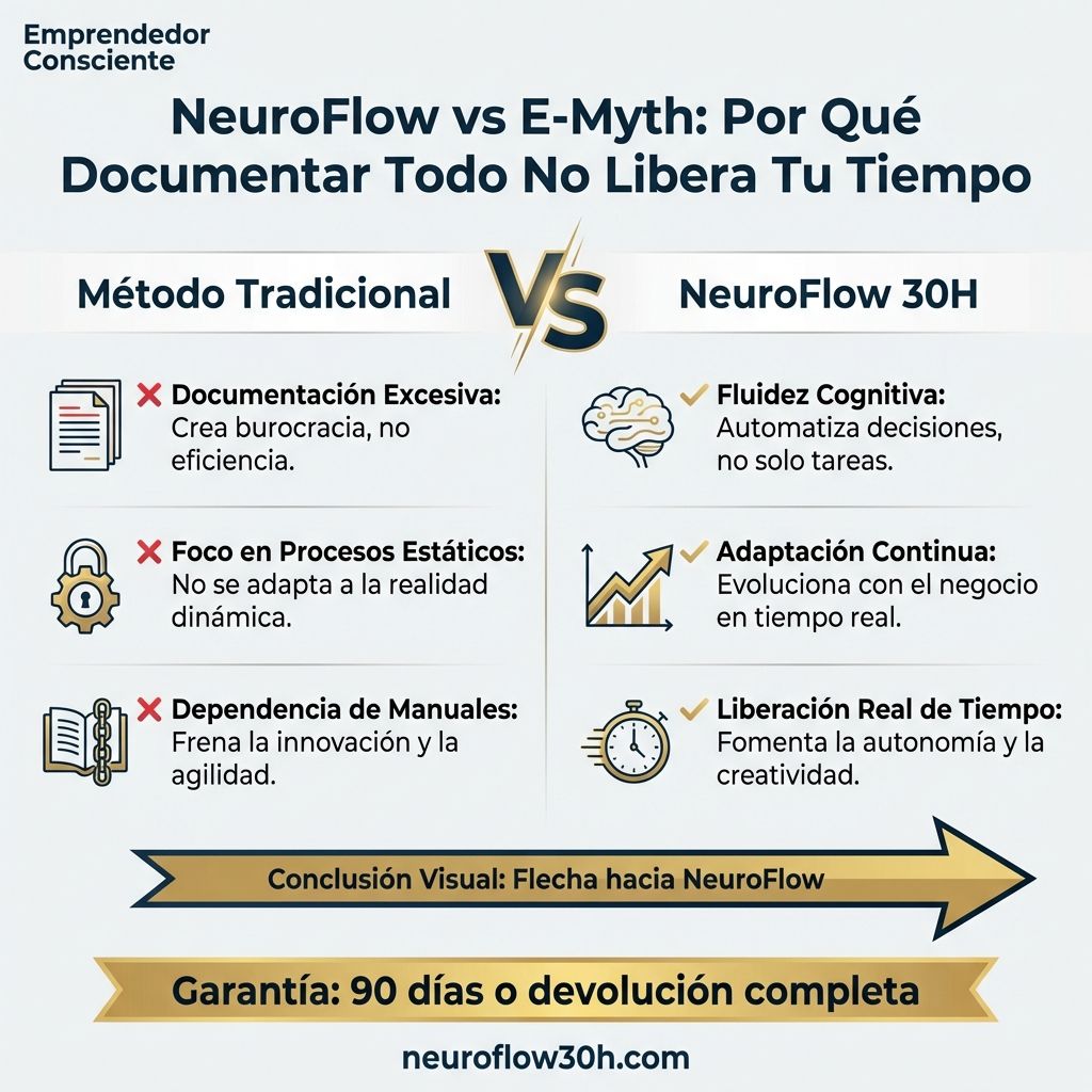 Infografía: NeuroFlow vs E-Myth: Por Qué Documentar Todo No Libera Tu Tiempo