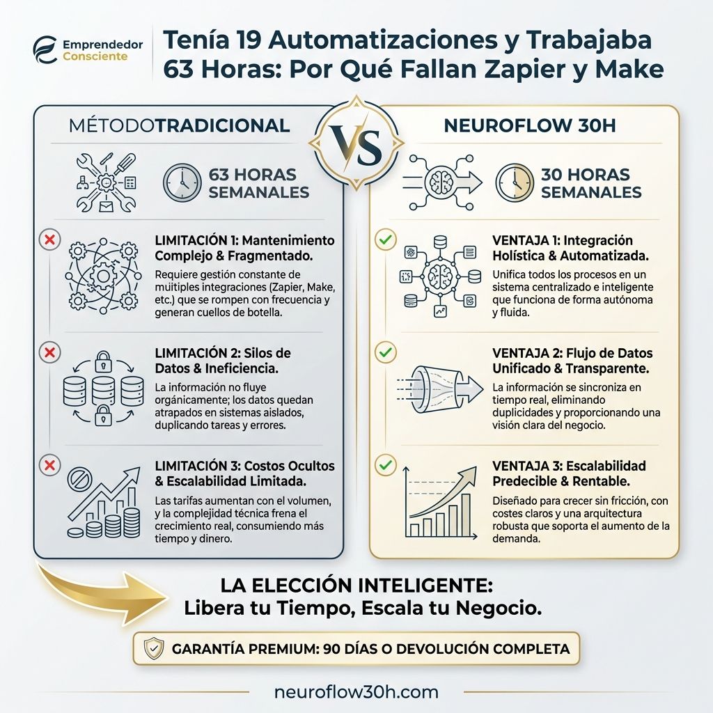 Infografía: Tenía 19 Automatizaciones y Trabajaba 63 Horas: Por Qué Fallan Zapier y Make