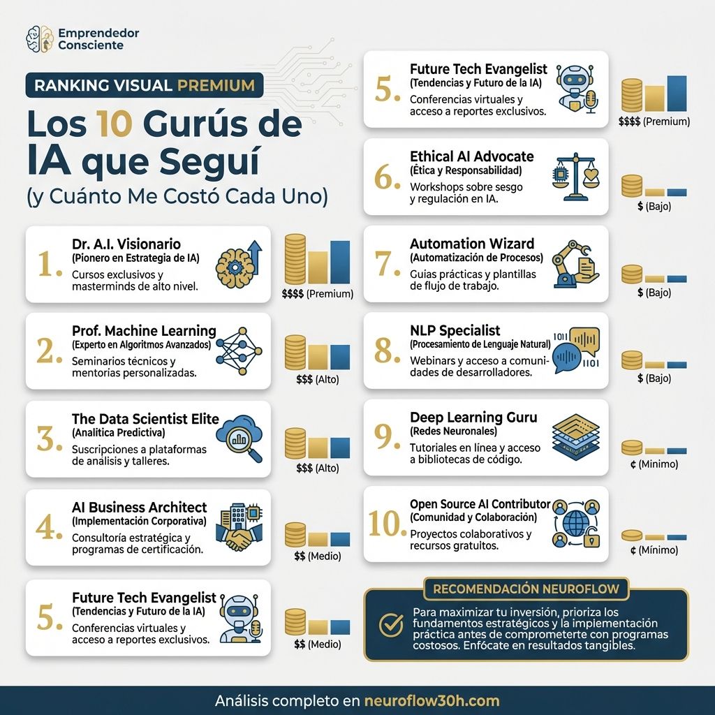 Infografía: Los 10 Gurús de IA que Seguí (y Cuánto Me Costó Cada Uno)