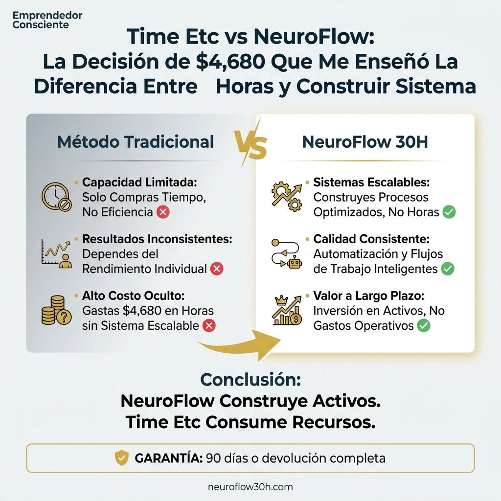 Infografía: Time Etc vs NeuroFlow: La Decisión de $4,680 Que Me Enseñó La Diferencia Entre Comprar Horas y Construir Sistema