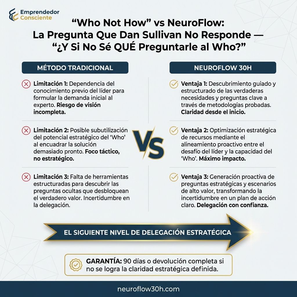 Infografía: "Who Not How" vs NeuroFlow: La Pregunta Que Dan Sullivan No Responde — "¿Y Si No Sé QUÉ Preguntarle al Who?"