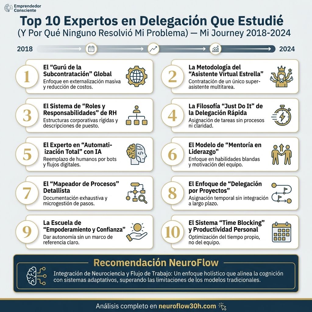 Infografía: Top 10 Expertos en Delegación Que Estudié (Y Por Qué Ninguno Resolvió Mi Problema) — Mi Journey 2018-2024