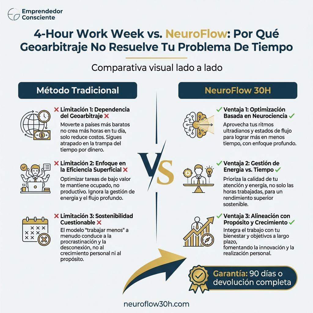 Infografía: 4-Hour Work Week vs. NeuroFlow: Por Qué Geoarbitraje No Resuelve Tu Problema De Tiempo